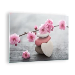 Obraz na skle - Ružové čerešňové kvety a kamene v tvare srdca - 70x50cm - Blaženosť s višňovým kvetom - Moderná nástenná dekorácia do obývacej izby a spálne ARTTOR
