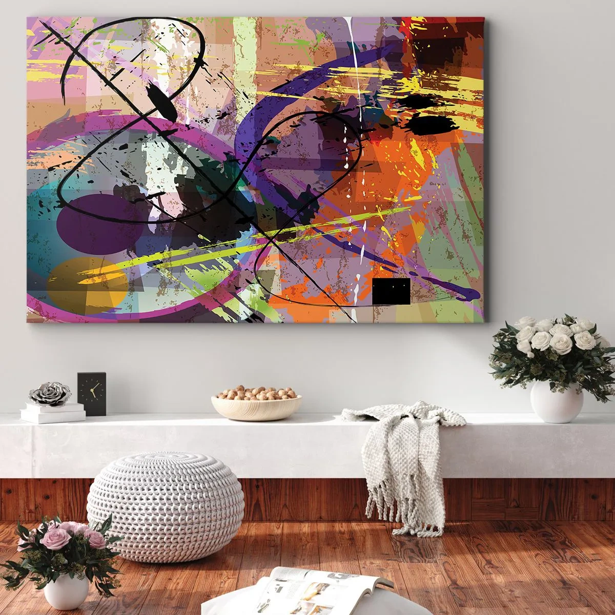 Obraz na plátne - Farebný abstraktný vzor s dynamickými líniami a tvarmi. - 70x50cm - Možno priamo alebo okolo - Moderná nástenná dekorácia do obývacej izby a spálne ARTTOR