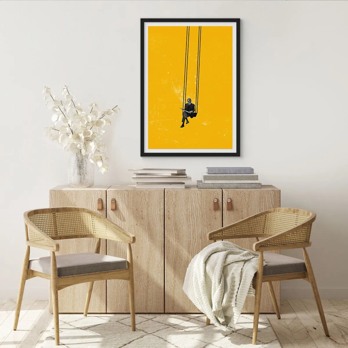 Plagát v čiernom ráme - Minimalistická grafika s postavičkou na hojdačke - 50x70cm - Deň ako každý iný - Moderná nástenná dekorácia do obývacej izby a spálne ARTTOR