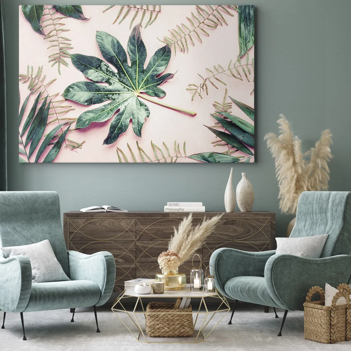 Obraz na plátne - Tropické listy na svetlom pastelovom pozadí - 70x50cm - Štúdia zelenej na ružovom pozadí - Moderná nástenná dekorácia do obývacej izby a spálne ARTTOR