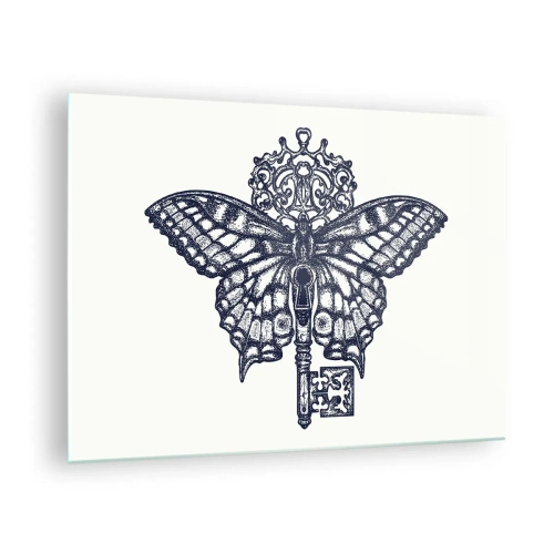 Obraz na skle - Ilustrácia motýľa s kľúčom v strede - 70x50cm - Všetky tajomstvá srdca - Moderná nástenná dekorácia do obývacej izby a spálne ARTTOR