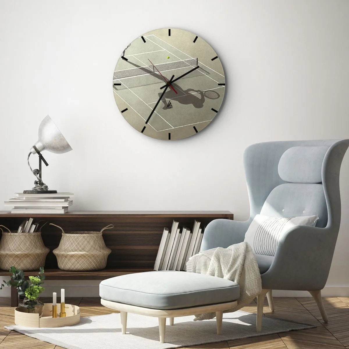 Nástenné hodiny - Minimalistická silueta tenistu na kurte - 30x30cm - Dobývanie samého seba - Moderná nástenná dekorácia do obývacej izby, kuchyne a spálne ARTTOR