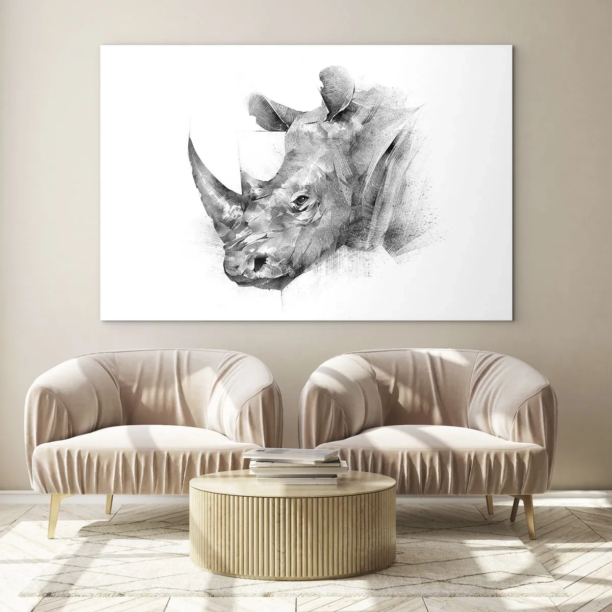 Obraz na skle - Čiernobiely portrét nosorožca v umeleckom prístupe - 70x50cm - Africký portrét - Moderná nástenná dekorácia do obývacej izby a spálne ARTTOR