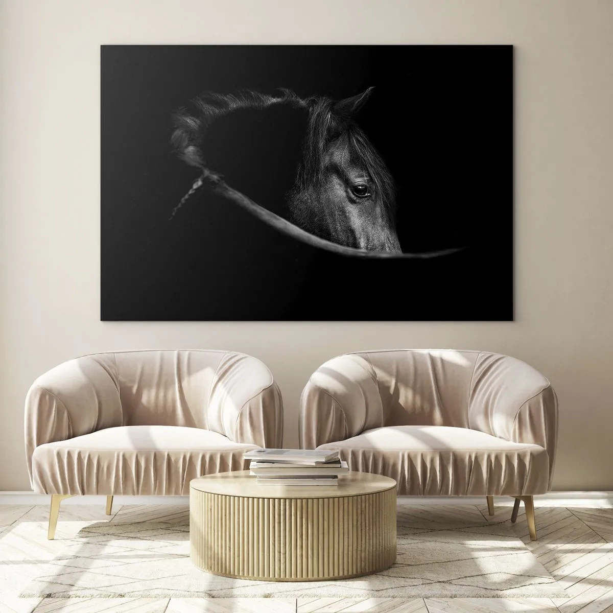 Obraz na skle - Profil čierneho koňa v tieni s viditeľným okom - 70x50cm - Čierny knieža - Moderná nástenná dekorácia do obývacej izby a spálne ARTTOR