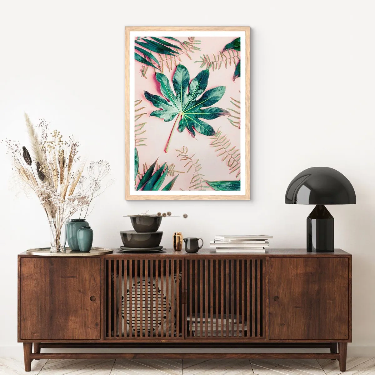 Plagát v ráme zo svetlého duba - Štúdia zelenej na ružovom pozadí - 61x91 cm