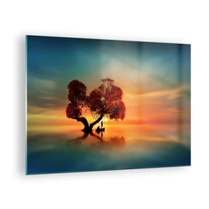 Obraz na skle - Strom s červenými listami na pozadí západu slnka - 70x50cm - Voda a ticho vesmíru - Moderná nástenná dekorácia do obývacej izby a spálne ARTTOR