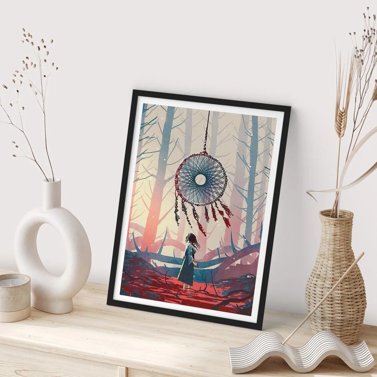 Plagát v čiernom ráme - Postava v lese s lapačom snov na pastelovom pozadí. - 50x70cm - Tajný rituál šťastia - Moderná nástenná dekorácia do obývacej izby a spálne ARTTOR