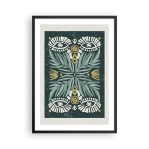 Plagát v čiernom ráme - Symetrický vzor s listami a očami na tmavom pozadí - 50x70cm - Ako ľudová vystrihovačka - Moderná nástenná dekorácia do obývacej izby a spálne ARTTOR