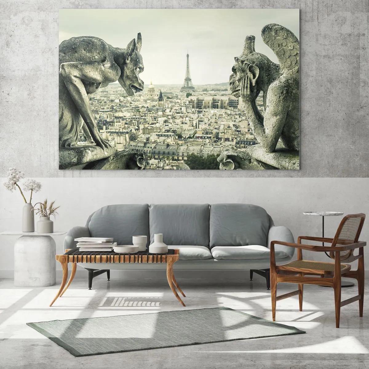 Obraz na skle - Chrliče nad Parížom s výhľadom na Eiffelovu vežu - 70x50cm - Parížske rozprávanie - Moderná nástenná dekorácia do obývacej izby a spálne ARTTOR