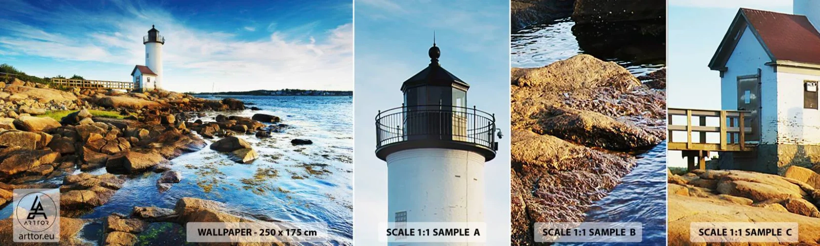 Vzorka samolepiacej fototapety Deluxe Sticker - Vráťte sa šťastne, čakám - Krajina, Maják, Atlantický oceán - 100x30 cm