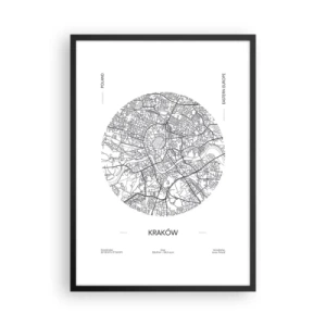 Plagát v čiernom ráme - Minimalistická mapa Krakova v kruhu - 50x70cm - Anatómia Krakova - Moderná nástenná dekorácia do obývacej izby a spálne ARTTOR