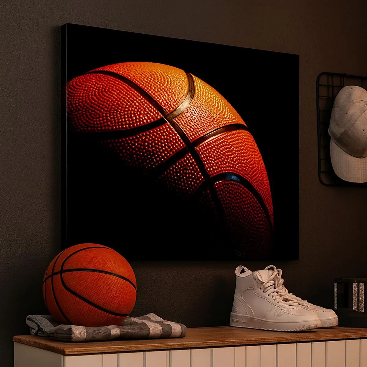 Obraz na plátne - Detailný záber basketbalovej lopty na čiernom pozadí - 70x50cm - Krásna ako planéta - Moderná nástenná dekorácia do obývacej izby a spálne ARTTOR