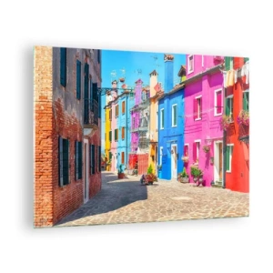 Obraz na skle - Farebné budovy na úzkej ulici v slnečnom meste - 70x50cm - Mestečko „Pod papagájmi“ - Moderná nástenná dekorácia do obývacej izby a spálne ARTTOR
