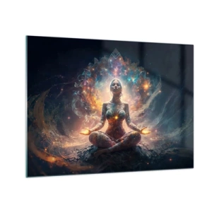 Obraz na skle - Meditujúca žena v žiarivej aure energie a farieb - 70x50cm - Prúdenie dobrej energie - Moderná nástenná dekorácia do obývacej izby a spálne ARTTOR