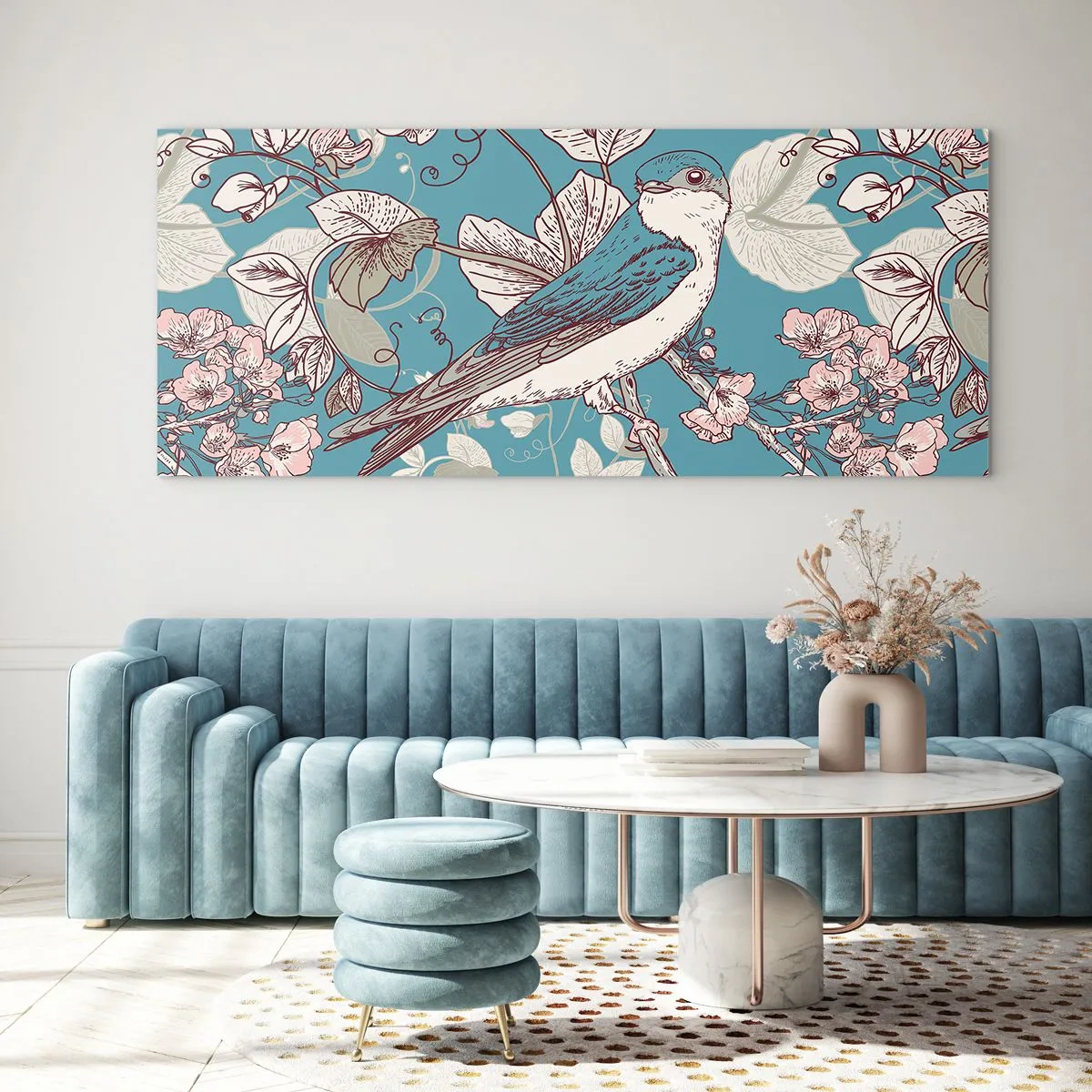 Obraz na skle - Na bielom strome vtáky a strieborné lístie - 160x50 cm