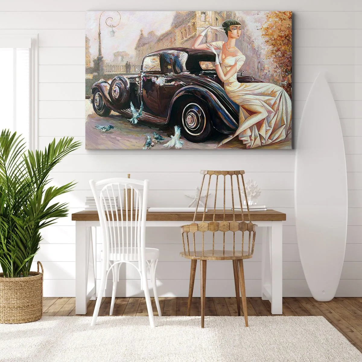 Obraz na plátne - Retro žena vedľa klasického auta - 70x50cm - Elegancia v retro štýle - Moderná nástenná dekorácia do obývacej izby a spálne ARTTOR