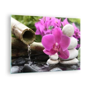 Obraz na skle - Fialová orchidea, kamene a bambusový vodopád - 70x50cm - Už odpočívaš - Moderná nástenná dekorácia do obývacej izby a spálne ARTTOR