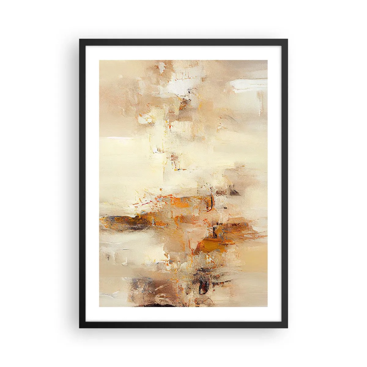 Plagát v čiernom ráme - Abstraktná kompozícia v teplých odtieňoch béžovej a zlatej. - 50x70cm - Duša jantáru - Moderná nástenná dekorácia do obývacej izby a spálne ARTTOR