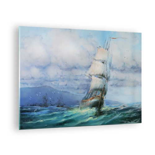 Obraz na skle - Loď s plachtami plávajúca po rozbúrenom mori pod zamračenou oblohou - 70x50cm - Šťastnú cestu - Moderná nástenná dekorácia do obývacej izby a spálne ARTTOR