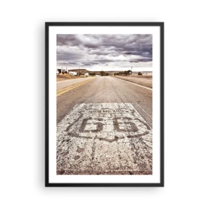 Plagát v čiernom ráme - Cesta so symbolom Route 66 vedúca cez púštnu krajinu - 50x70cm - Mother Road - americká legenda - Moderná nástenná dekorácia do obývacej izby a spálne ARTTOR