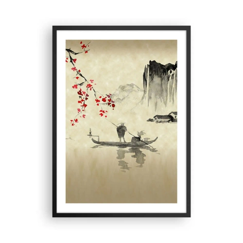 Plagát v čiernom ráme - Orientálna scéna s rybármi na lodi - 50x70cm - V krajine kvitnúcich čerešní - Moderná nástenná dekorácia do obývacej izby a spálne ARTTOR
