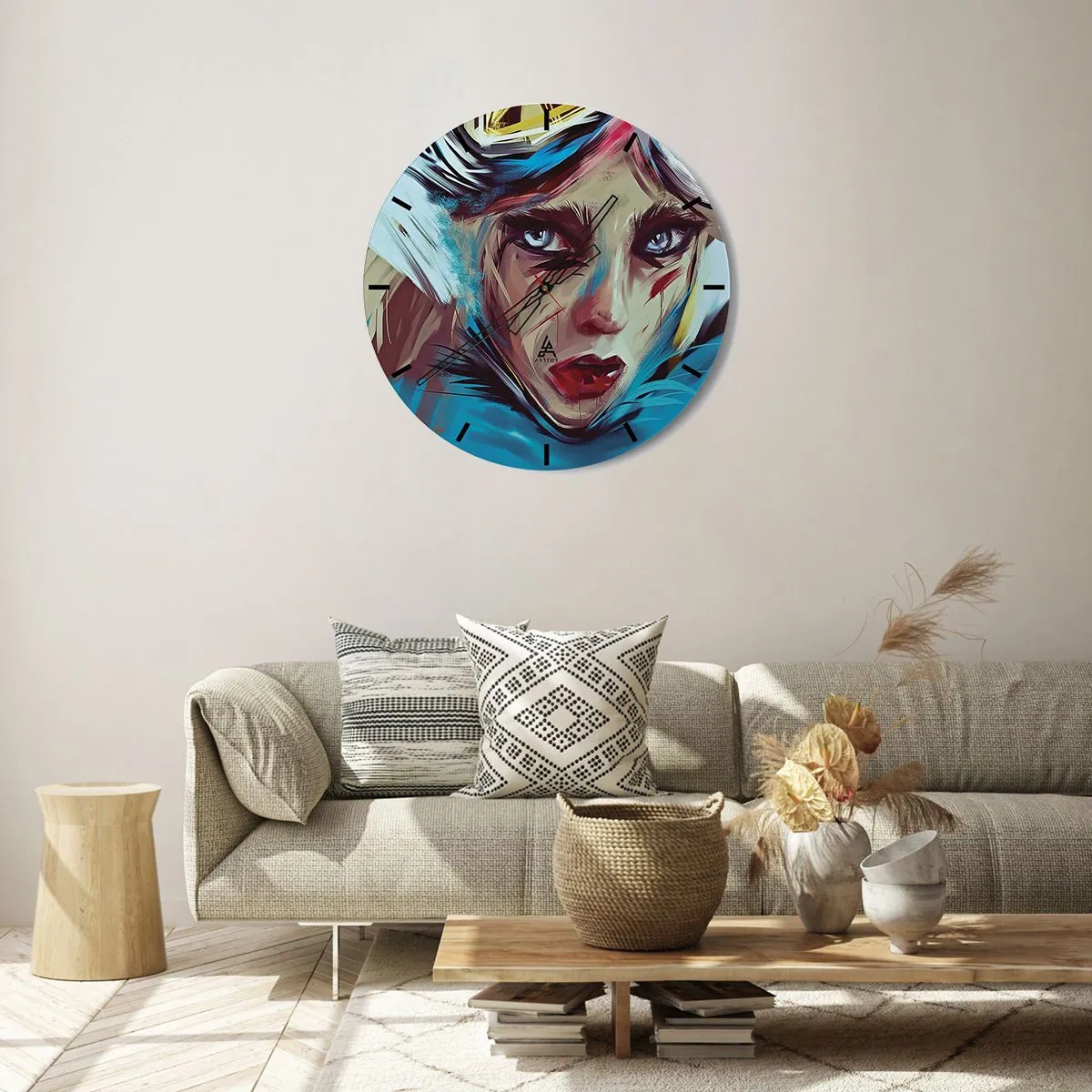 Nástenné hodiny - Výrazný portrét ženy v intenzívnych farbách - 30x30cm - Silničná bojovníčka - Moderná nástenná dekorácia do obývacej izby, kuchyne a spálne ARTTOR
