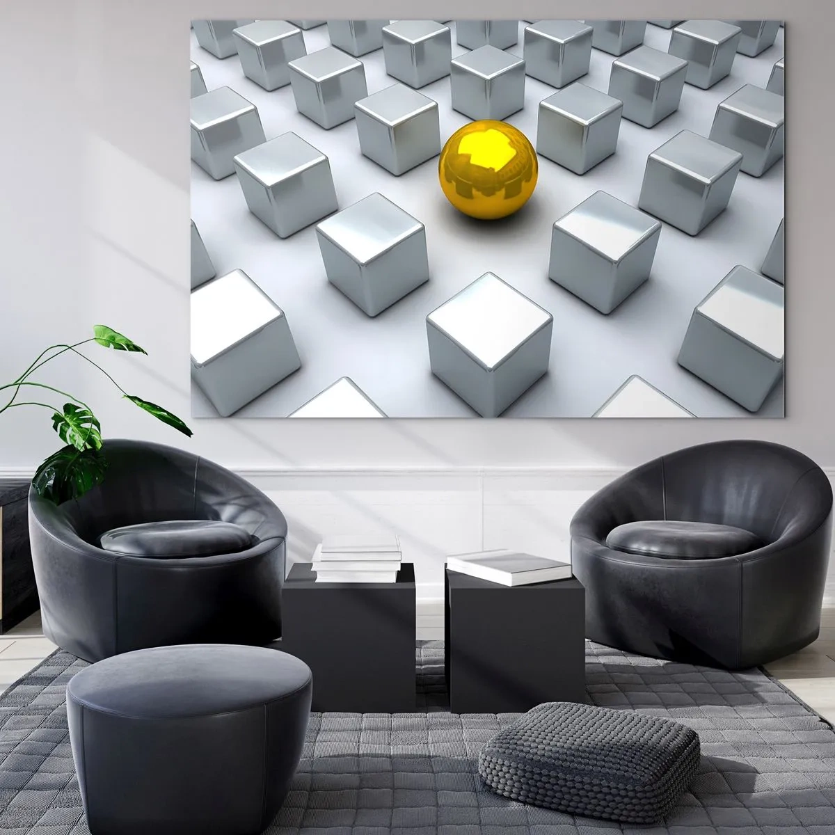 Obraz na skle - Zlatá guľa obklopená striebornými kockami - 70x50cm - Prečo ja? Geometrická kompozícia - Moderná nástenná dekorácia do obývacej izby a spálne ARTTOR