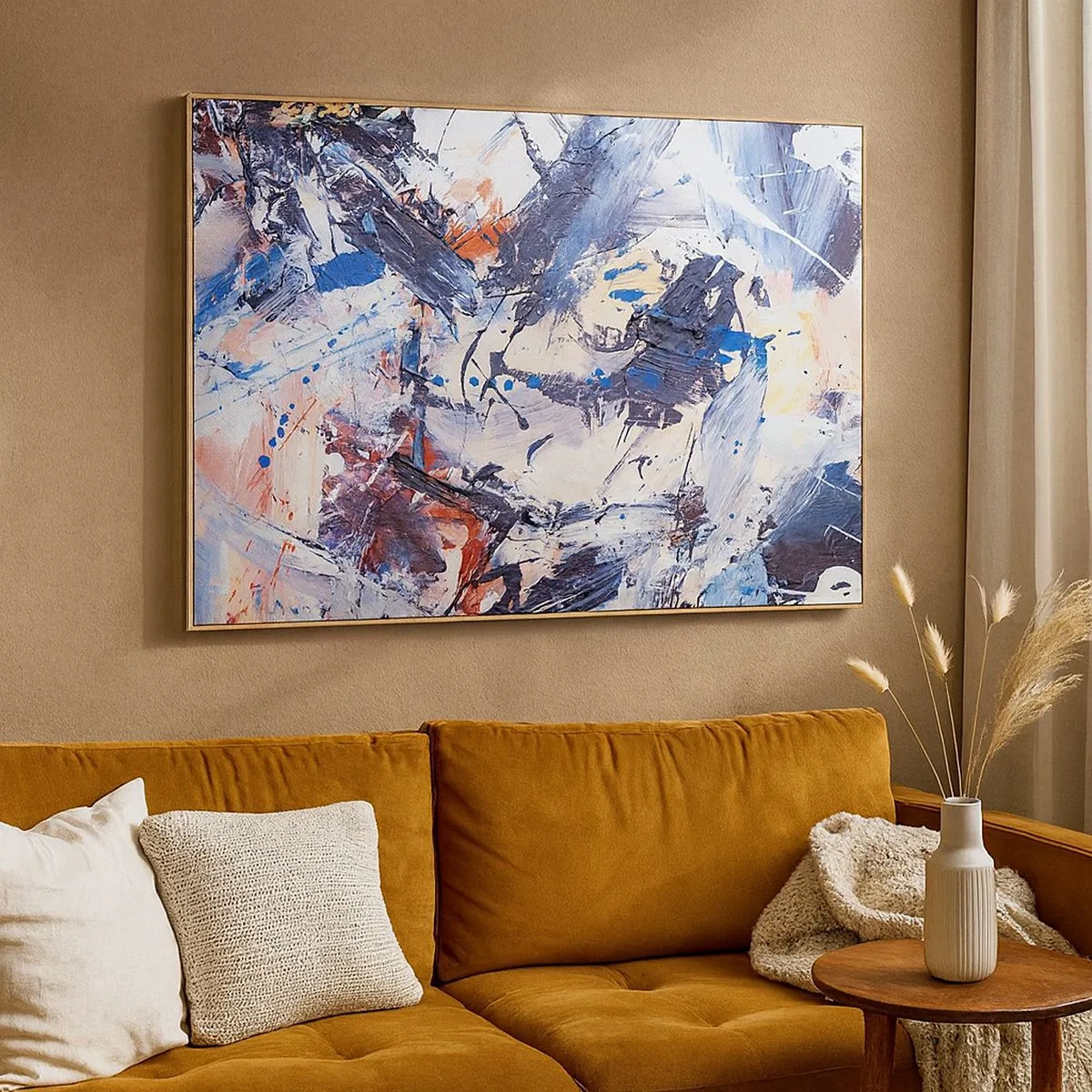 Obraz na plátne - Abstrakcia s dynamickými ťahmi štetcom v modrej a červenej farbe. - 70x50cm - Bláznivý tanec abstrakcie - Moderná nástenná dekorácia do obývacej izby a spálne ARTTOR