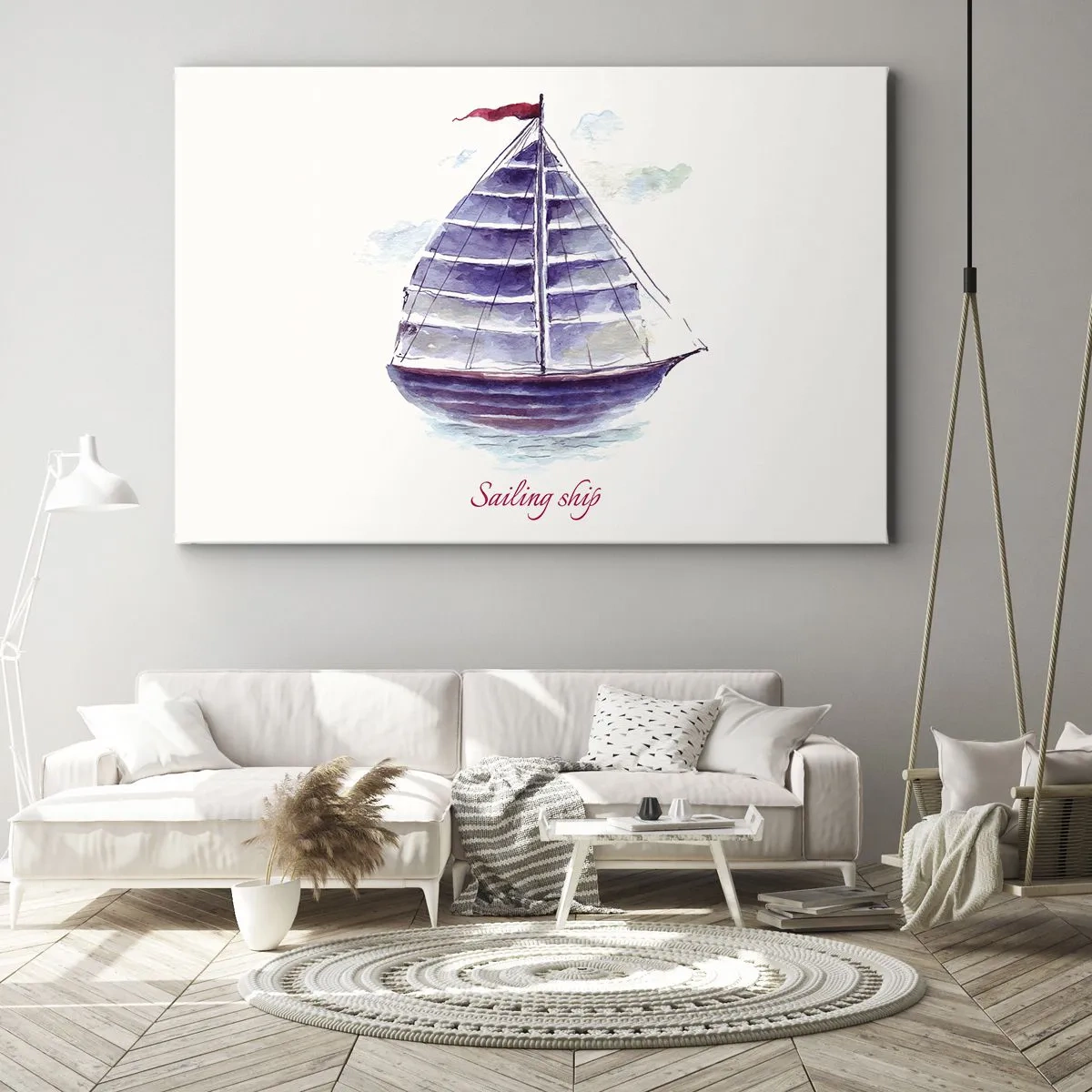 Obraz na plátne - Akvarelová maľba plachetnice na vode s jemným nápisom - 70x50cm - Napnuté plachty a pokojná voda - Moderná nástenná dekorácia do obývacej izby a spálne ARTTOR
