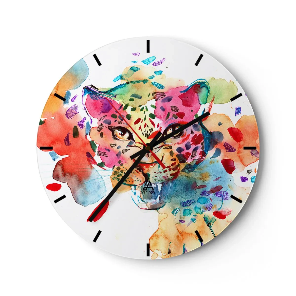 Nástenné hodiny - Farebný portrét pantera v abstraktnej akvarelovej forme. - 30x30cm - Kráska a zviera - Moderná nástenná dekorácia do obývacej izby, kuchyne a spálne ARTTOR