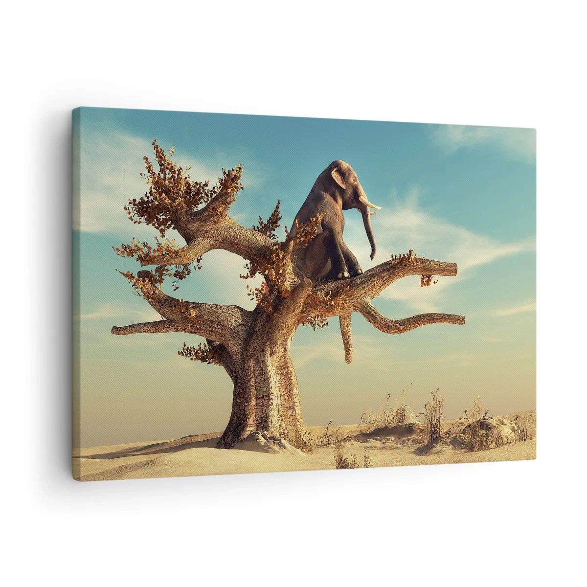 Obraz na plátne - Slon sediaci na strome v surrealistickej krajine - 70x50cm - Nový uhol pohľadu - Moderná nástenná dekorácia do obývacej izby a spálne ARTTOR