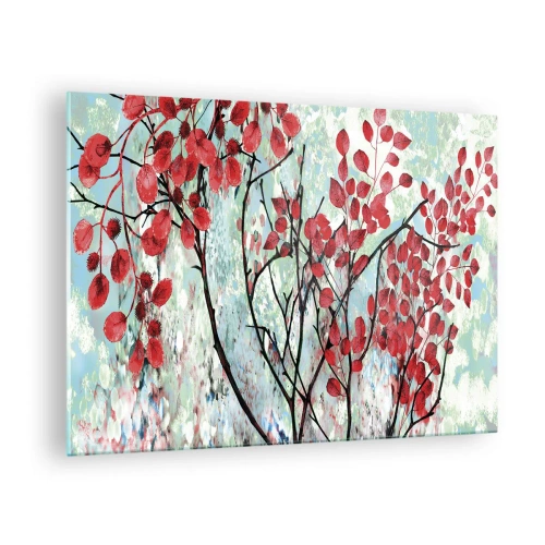 Obraz na skle - Konáre s červenými listami na maľovanom pozadí - 70x50cm - Strom v šarlátovej - Moderná nástenná dekorácia do obývacej izby a spálne ARTTOR