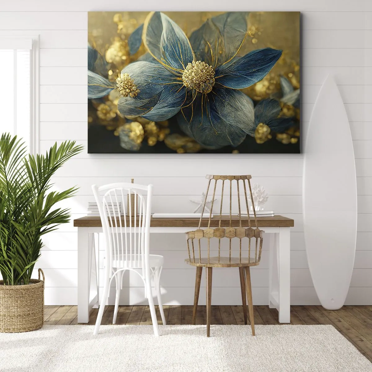 Obraz na plátne - Elegantné kvety v odtieňoch modrej a zlatej - 70x50cm - Rozkvitnúť zlatom - Moderná nástenná dekorácia do obývacej izby a spálne ARTTOR