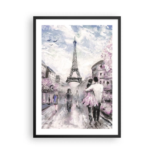 Plagát v čiernom ráme - Romantická scéna v Paríži s Eiffelovou vežou v pozadí - 50x70cm - Keď sa zamilovať, tak len v… - Moderná nástenná dekorácia do obývacej izby a spálne ARTTOR