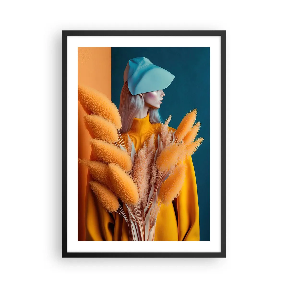 Plagát v čiernom ráme - Moderný portrét ženy v teplých farbách - 50x70cm - Chlpatý portrét - Moderná nástenná dekorácia do obývacej izby a spálne ARTTOR