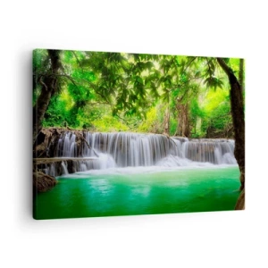 Obraz na plátne - Zelený vodopád obklopený hustou tropickou vegetáciou - 70x50cm - Vodopád v zeleni - Moderná nástenná dekorácia do obývacej izby a spálne ARTTOR
