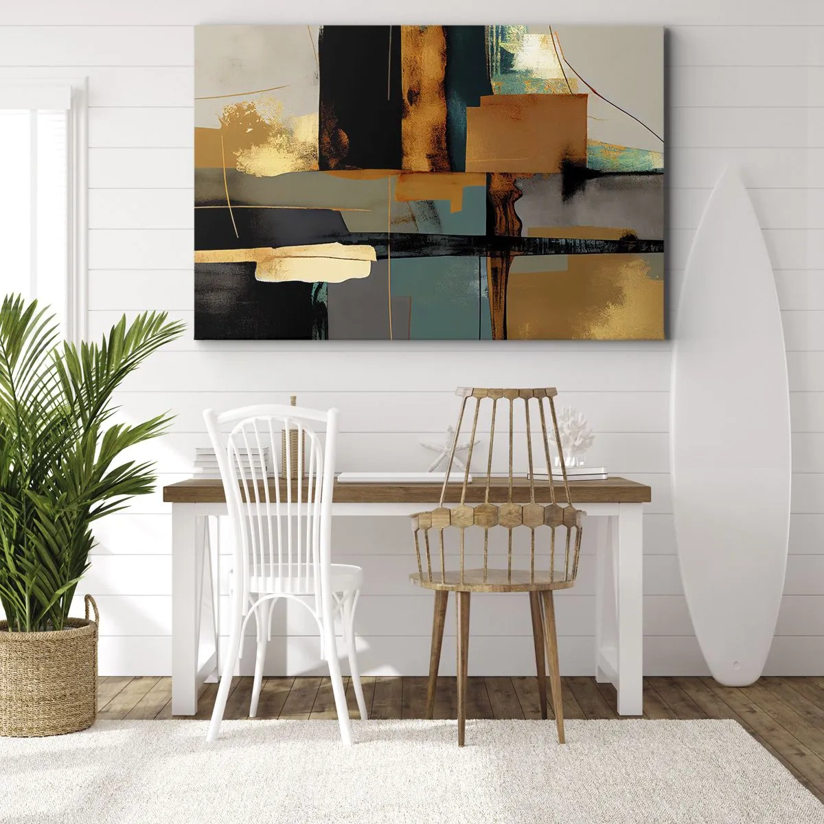 Obraz na plátne - Abstraktná kompozícia so zlatými a tyrkysovými prvkami - 70x50cm - Abstrakcia – svetlo a tieň - Moderná nástenná dekorácia do obývacej izby a spálne ARTTOR