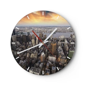 Nástenné hodiny - Panoráma mesta s vysokými mrakodrapmi pri západe slnka - 30x30cm - Búšiace srdce našej doby - Moderná nástenná dekorácia do obývacej izby, kuchyne a spálne ARTTOR