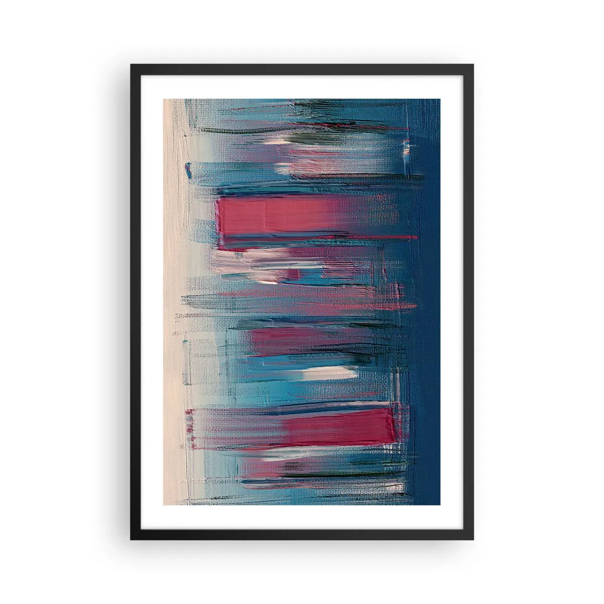 Plagát v čiernom ráme - Abstraktná kompozícia v odtieňoch modrej a červenej - 50x70cm - Vertikálna kompozícia v modrej a červenej - Moderná nástenná dekorácia do obývacej izby a spálne ARTTOR