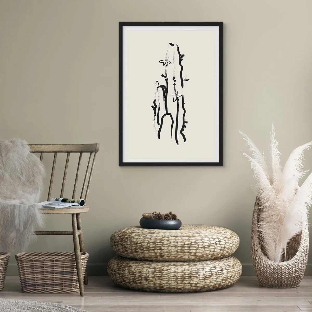 Plagát v čiernom ráme - Minimalistická kresba kaktusu - 50x70cm - Kvitnúca bylina - Moderná nástenná dekorácia do obývacej izby a spálne ARTTOR