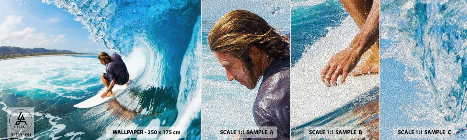 Vzorka fototapety Premium Sand - Tancujúci s vlnami - Šport, Surfovanie, Surfová doska - 100x30 cm