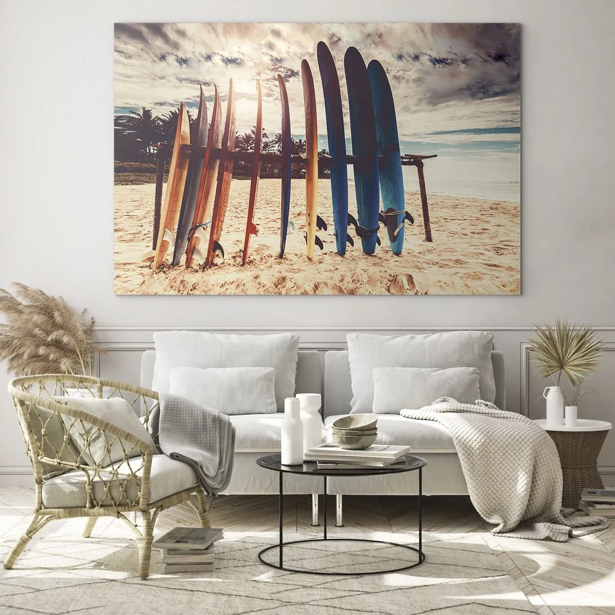 Obraz na skle - Farebné surfové dosky zoradené na pláži pri západe slnka - 70x50cm - Dobrú noc, tak zajtra. - Moderná nástenná dekorácia do obývacej izby a spálne ARTTOR