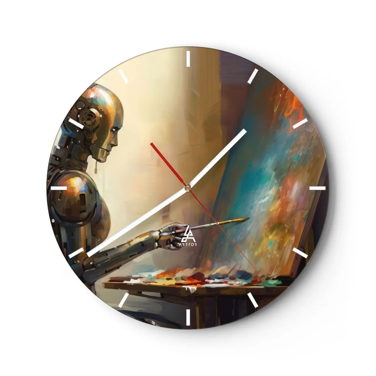 Nástenné hodiny - Robot maľuje obraz na stojane - 30x30cm - Umenie budúcnosti - Moderná nástenná dekorácia do obývacej izby, kuchyne a spálne ARTTOR