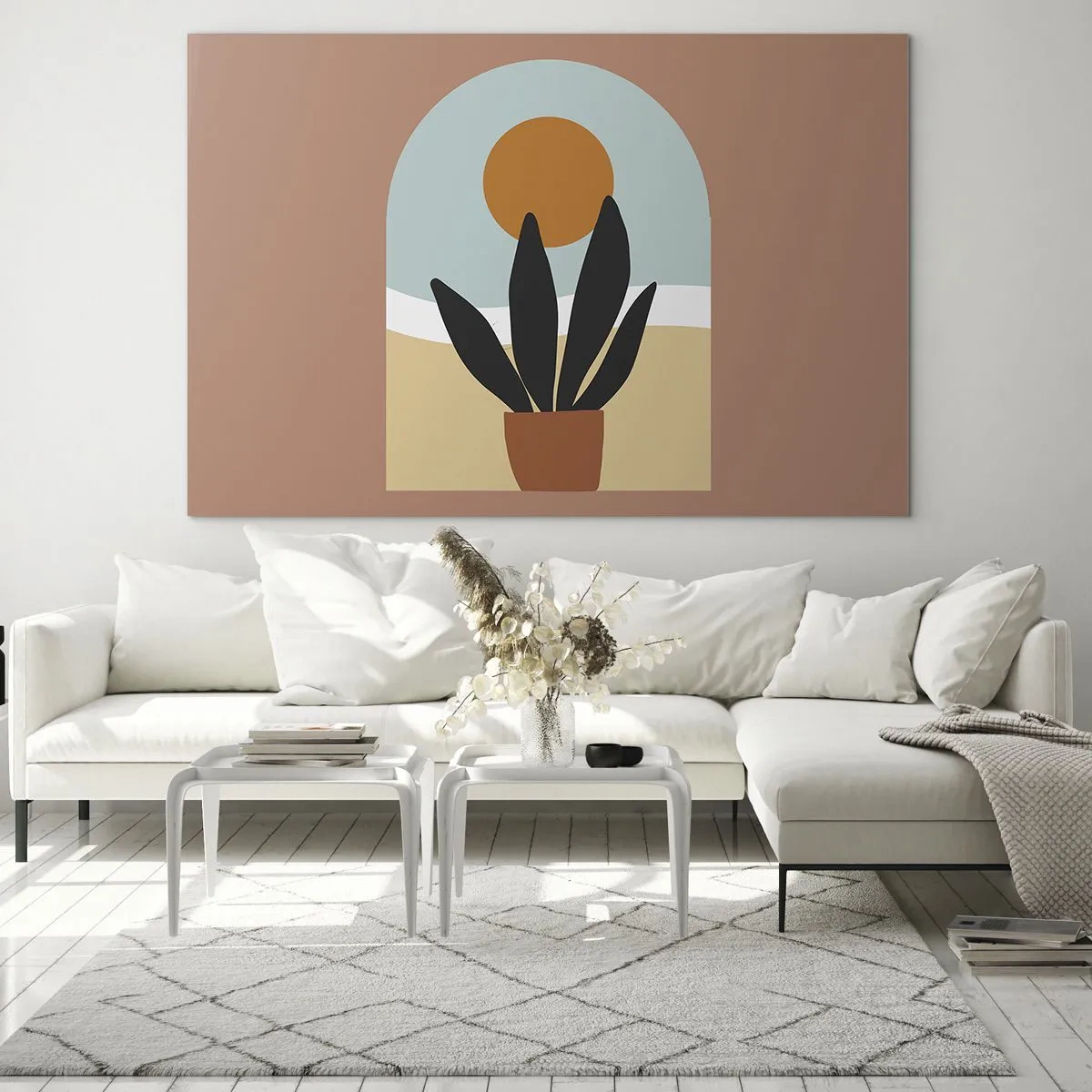 Obraz na skle - Abstraktná scéna s črepníkovou rastlinou a slnkom v pozadí, v pastelových farbách. - 70x50cm - Malé radosti - Moderná nástenná dekorácia do obývacej izby a spálne ARTTOR