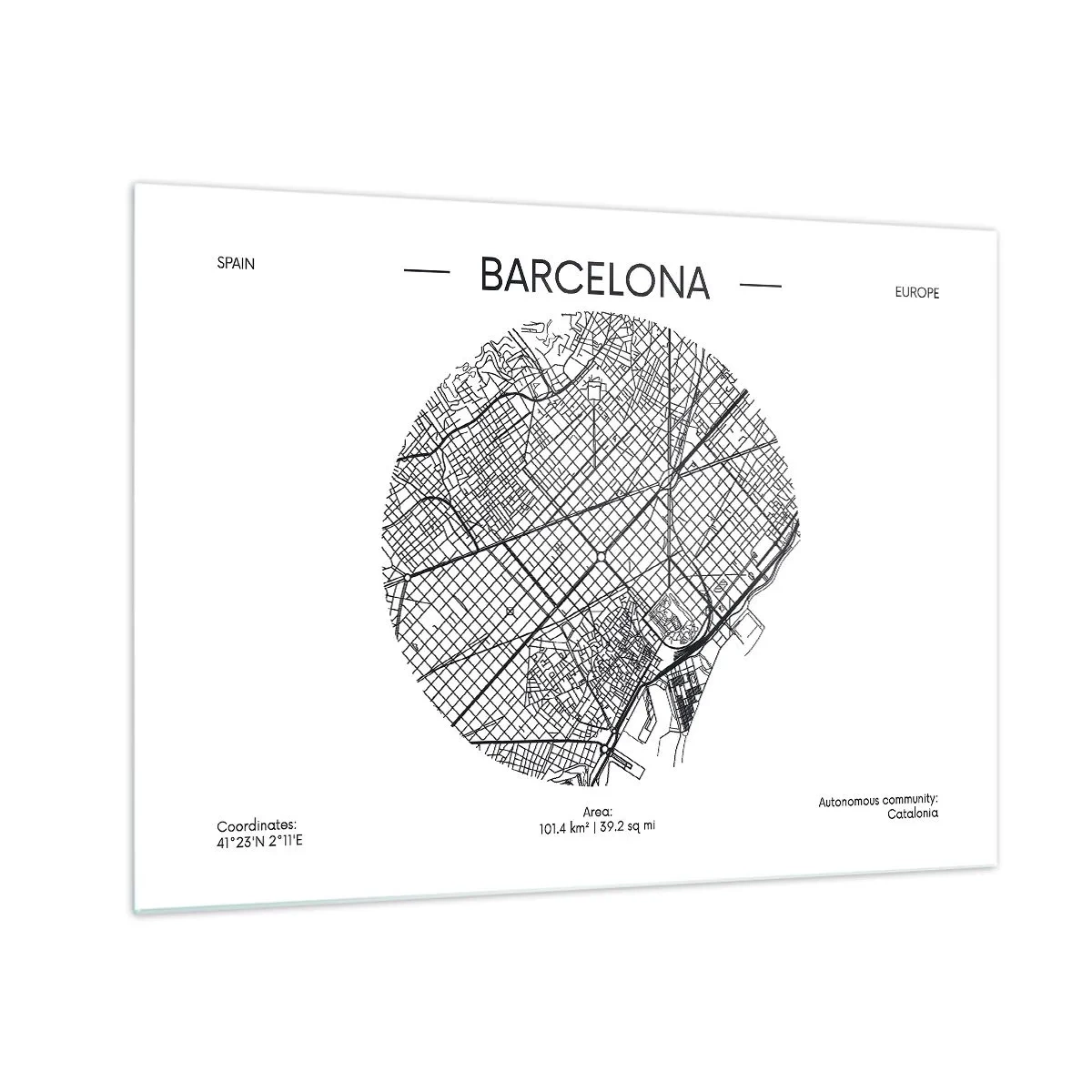 Obraz na skle - Minimalistická mapa Barcelony v čiernobielej estetike - 70x50cm - Anatómia Barcelony - Moderná nástenná dekorácia do obývacej izby a spálne ARTTOR