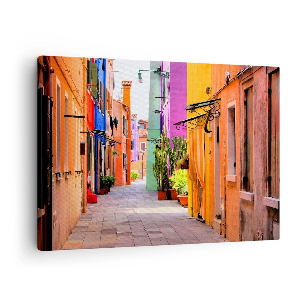 Obraz na plátne - Farebná ulica s činžiakovými domami vo svetlých odtieňoch - 70x50cm - Dúhová ulička - Moderná nástenná dekorácia do obývacej izby a spálne ARTTOR