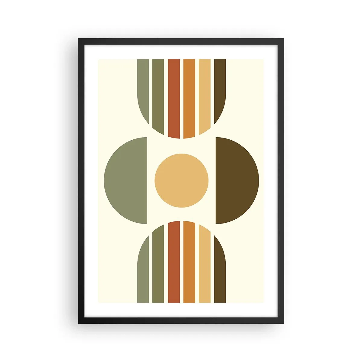 Plagát v čiernom ráme - Abstraktný geometrický vzor v zemitých tónoch s kruhmi a polkruhmi - 50x70cm - Vo farbách zeme - Moderná nástenná dekorácia do obývacej izby a spálne ARTTOR