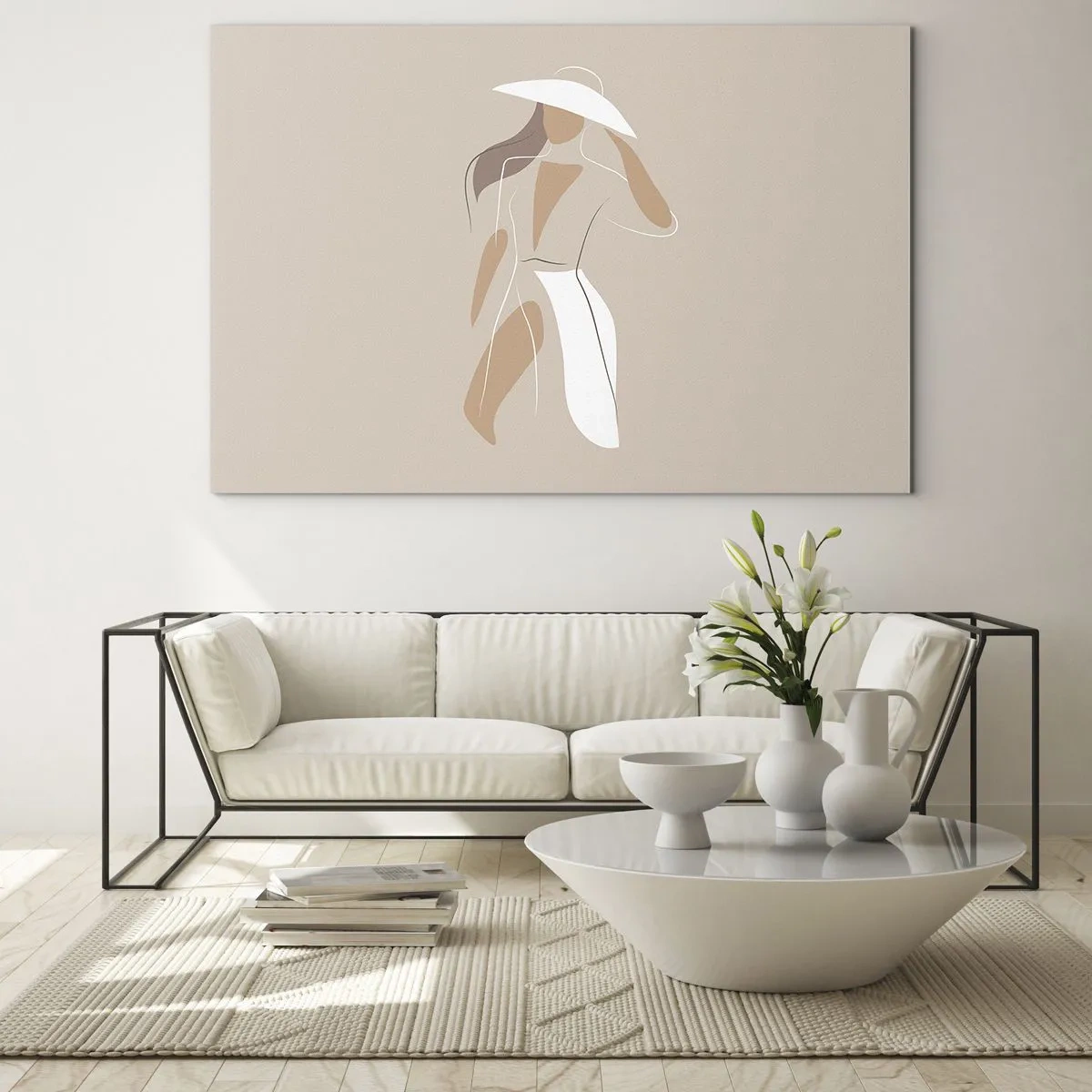 Obraz na skle - Štylizovaná postava ženy v bielom klobúku - 70x50cm - Móda je zábava - Moderná nástenná dekorácia do obývacej izby a spálne ARTTOR