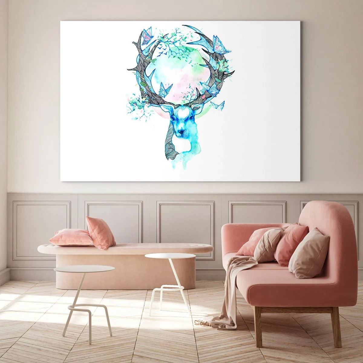 Obraz na skle - Ilustrácia jeleňa s motýľmi na parohoch - 70x50cm - Sila a jemnosť prírody - Moderná nástenná dekorácia do obývacej izby a spálne ARTTOR