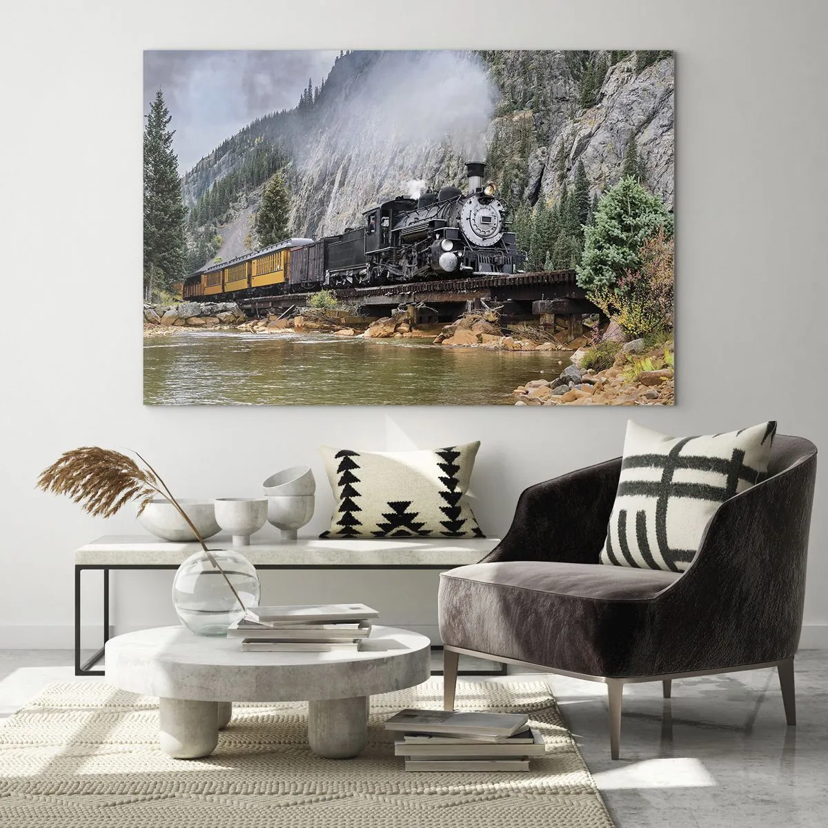 Obraz na skle - Parná lokomotíva na moste v horách - 70x50cm - A kam to? Kam? - Moderná nástenná dekorácia do obývacej izby a spálne ARTTOR